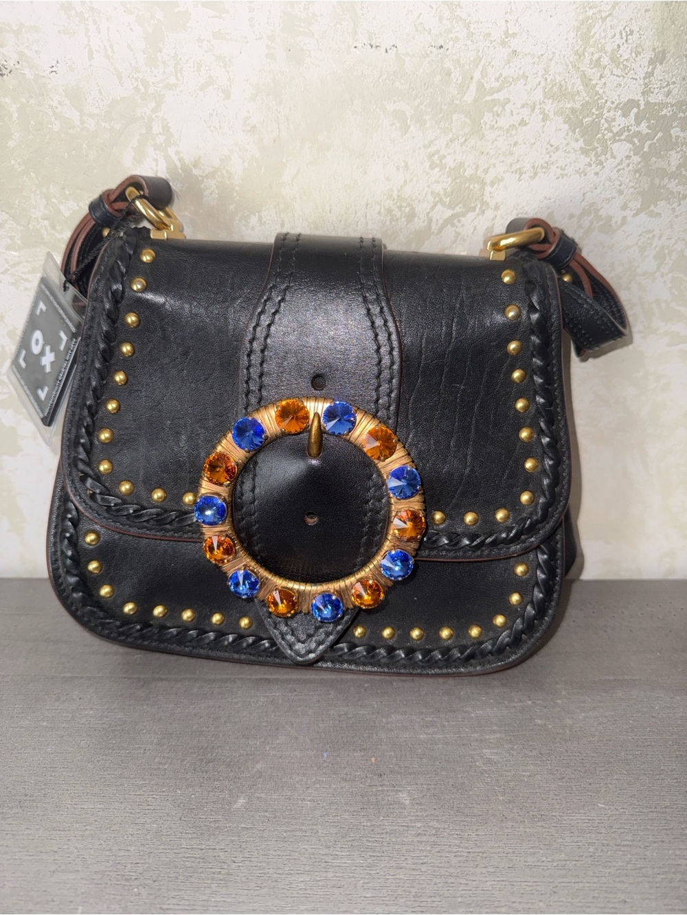 Miu Miu Black Leather Crossbody with Blue & Amber Gem Ring